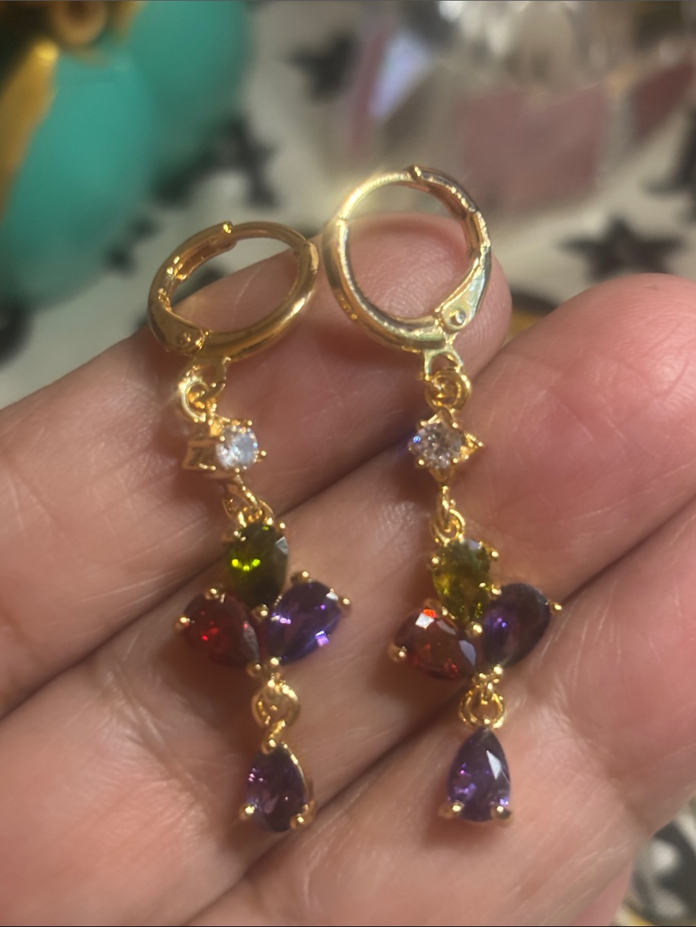 Gold-Plated Multi-Gem Dangle Earrings — Red, Purple & Green